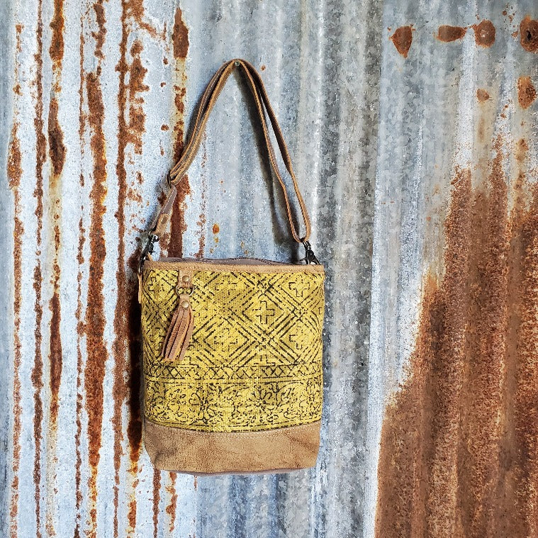 Yellow Canvas Sunbeam Pattern Leather  Bottom Cross Body Front