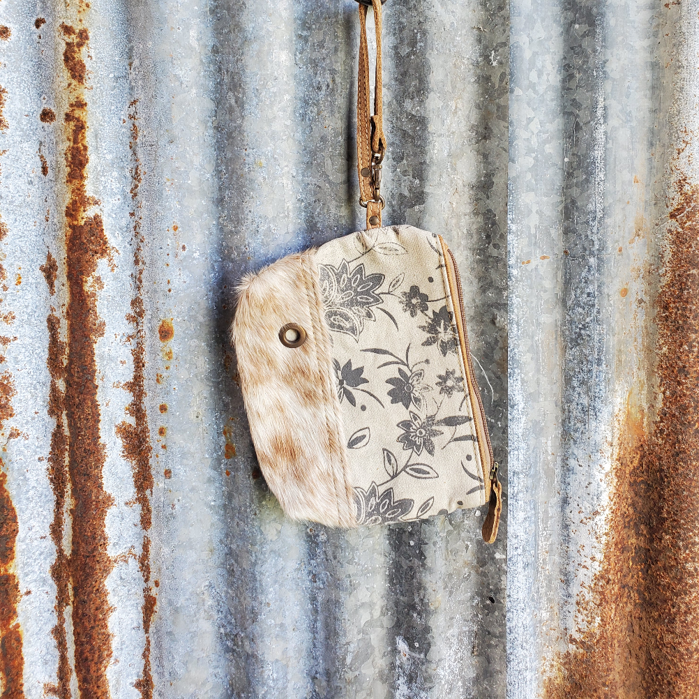Cream Floral and Cowhide Wristlet Front