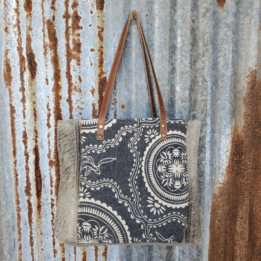 Blue Floral Cowhide Tote Front