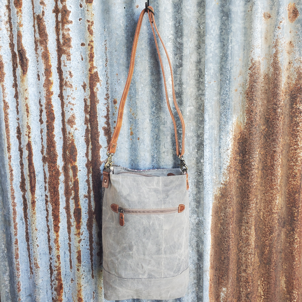 Gray and Mauve Canvas Crossbody, Leather and Cowhide Trim, 26" Leather Adjustable Shoulder - SB