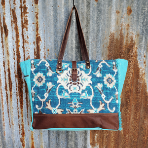 Seafoam Blue Canvas and Leather Weekender Bag Front