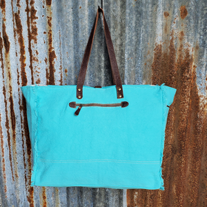 Seafoam Blue Canvas and Leather Weekender Bag Back