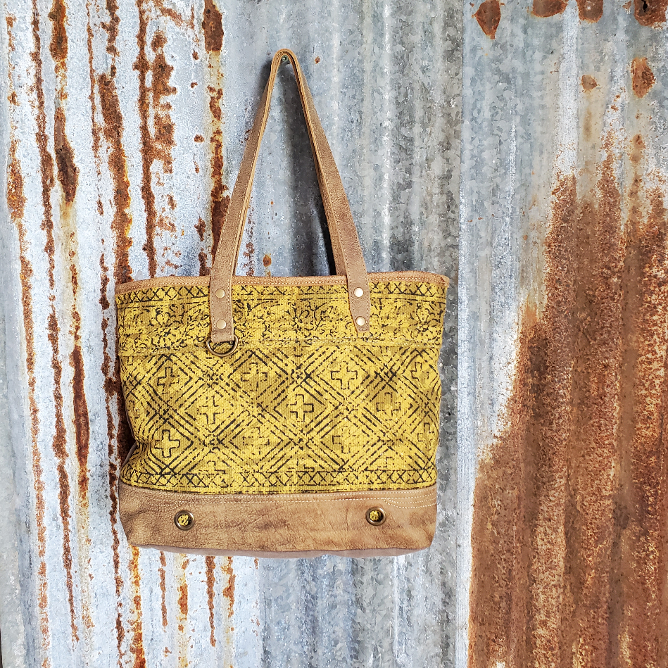 Yellow, Brown and Black Cross Pattern Tote Front