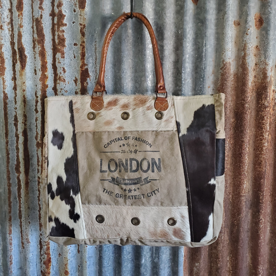 London Print Cowhide Tote Front