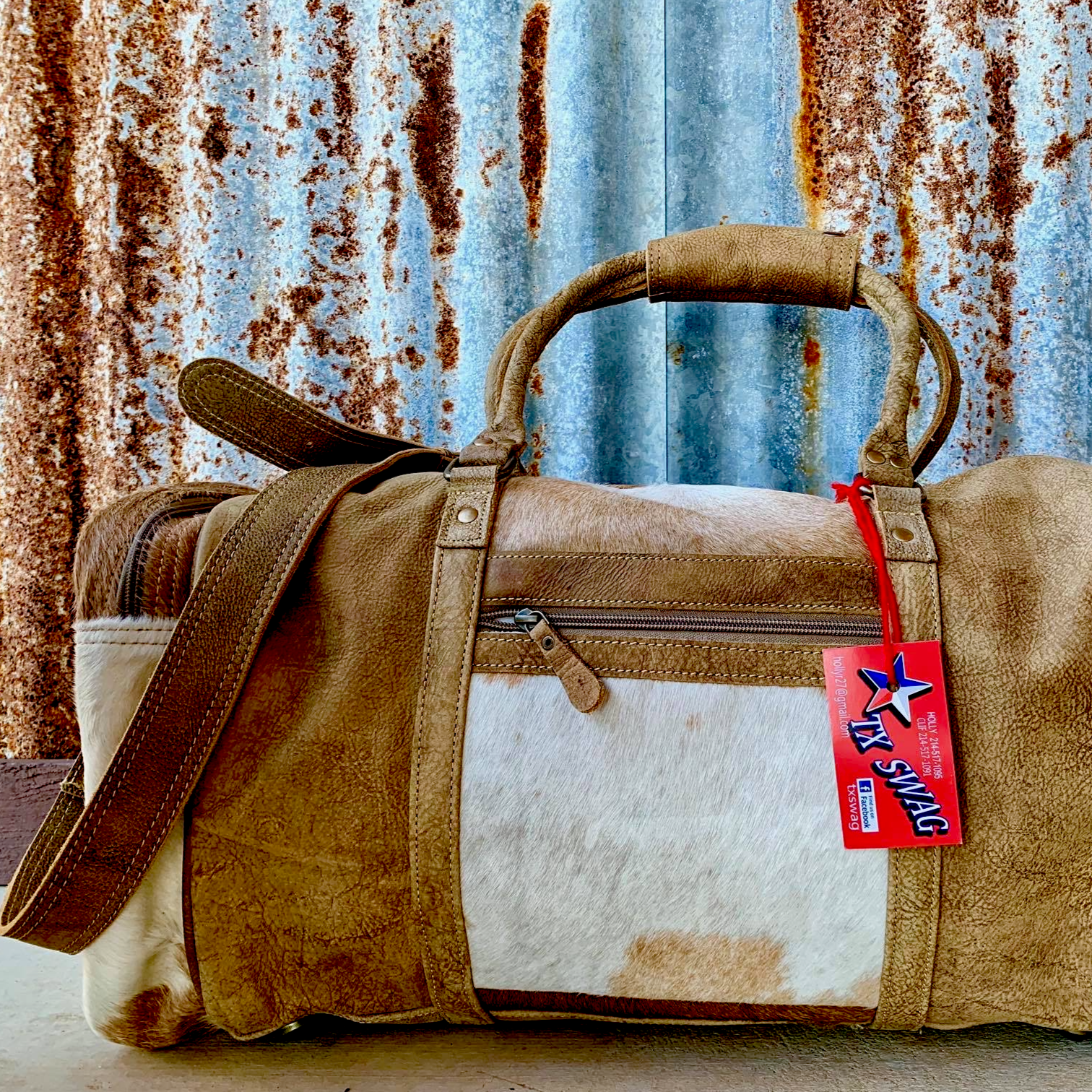 Cinnamon and Cream, Cowhide and Leather Duffel Bag Back