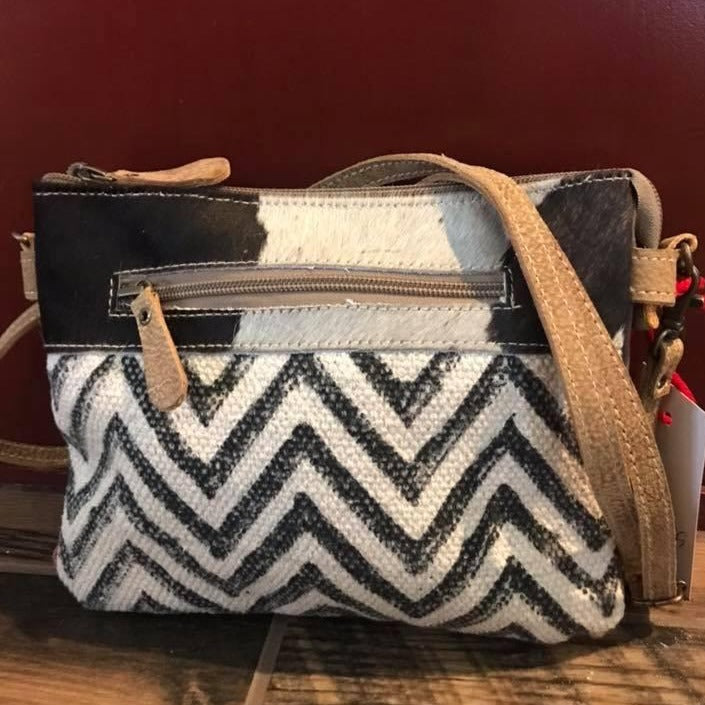 Small Chevron and Cowhide Cross Body Front Close Up
