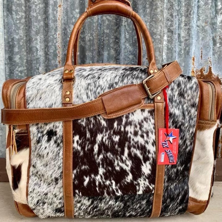 Black and White Cowhide and Leather Duffel Bag - Myra